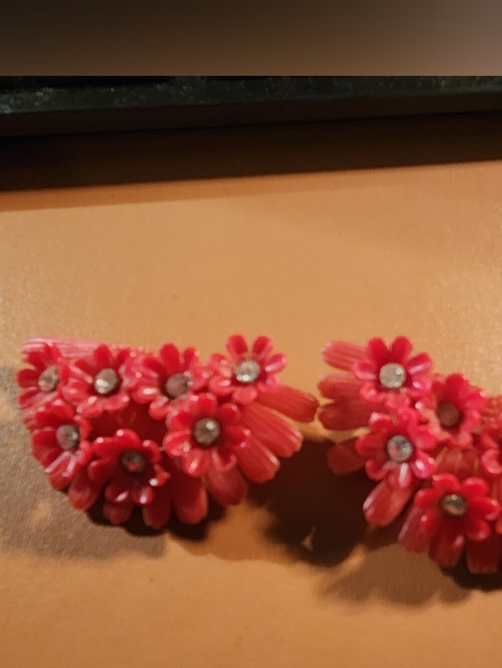 Vintage Floral Cluster Clip-On Earrings - Red